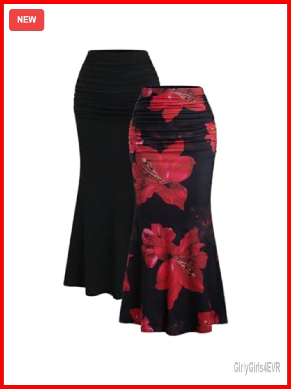 2 Pack Fishtail Skirt Ruched Bodycon Long Skirt Floral Print Women